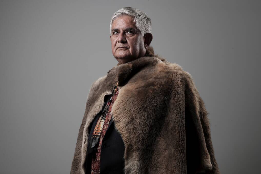Referendum commitment: A portrait of Minister for Indigenous Australians, Ken Wyatt, wearing a booka made from kangaroo skin given to him by Noongar elders from Western Australia. Photo: Alex Ellinghausen