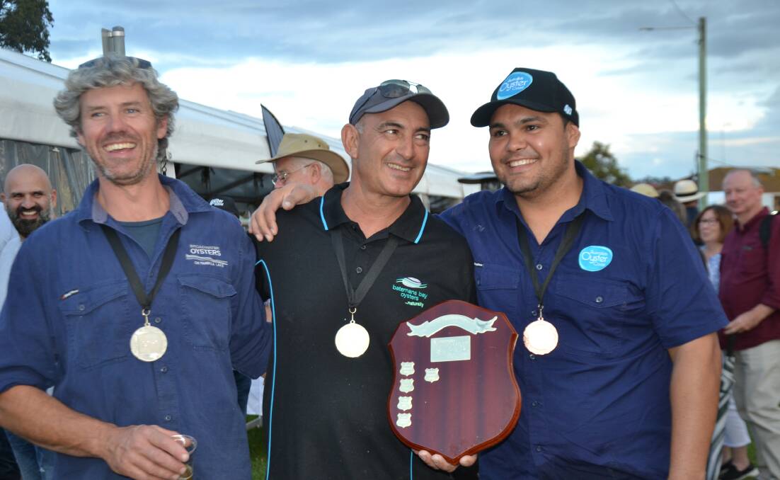 Greg Carton, John Yiannaros and Gerard "Doody" Dennis at the Narooma Oyster Festival men's oyster shucking competition.