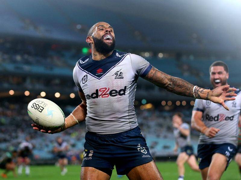 Josh Addo-Carr has scored six tries as Melbourne thrashed South Sydney 50-0 in the NRL.