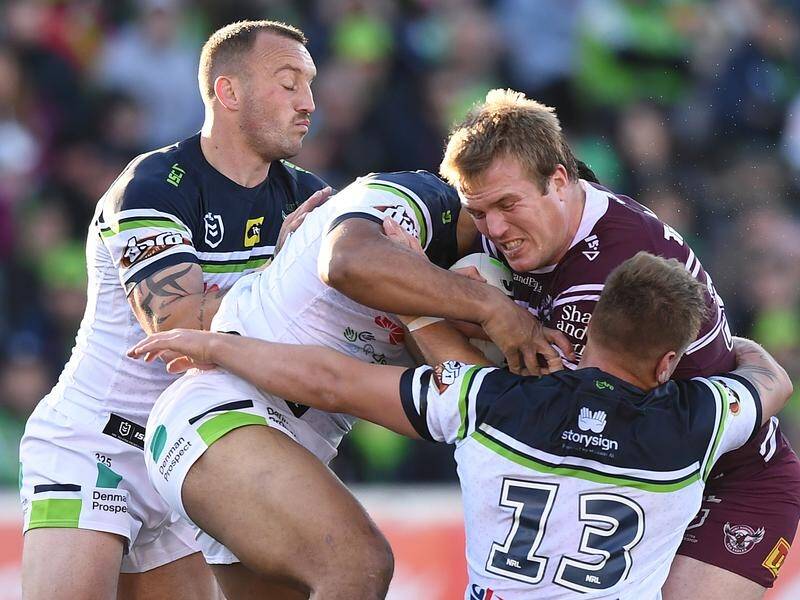 Manly, helped by a penalty try, have beaten the Raiders 18-14 in a NRL thriller in Canberra.