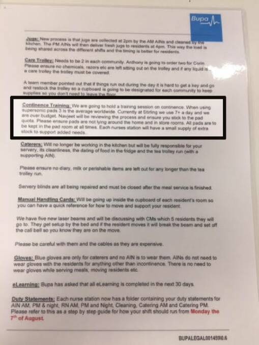 Image shows a staff manual for a Bupa care centre. Highlighted is the section called "Continence Training". Picture: Supplied