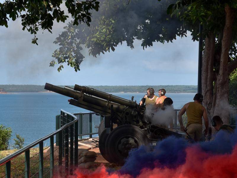 Cannons were fired at The Cenotaph for the 78th anniversary of the Bombing of Darwin.
