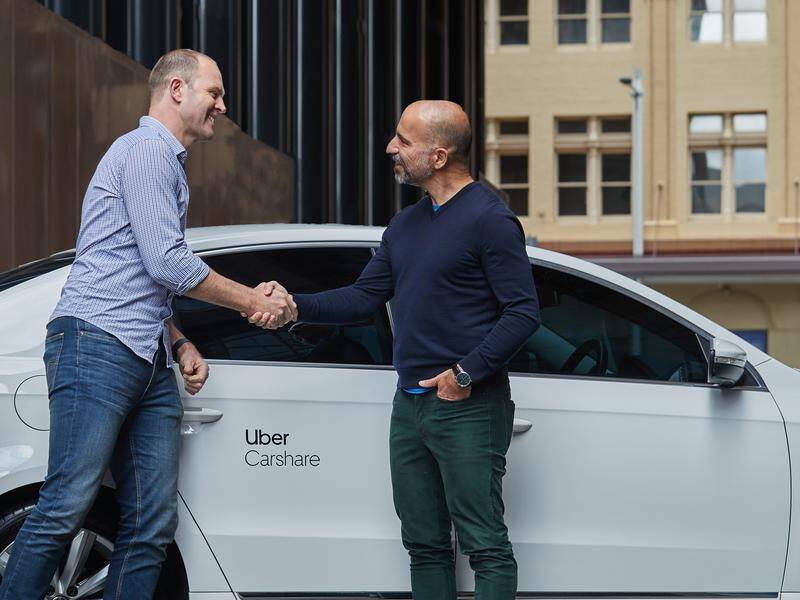 Car Next Door's Will Davies and Uber chief executive Dara Khosrowshahi during his Sydney visit. (PR HANDOUT IMAGE PHOTO)