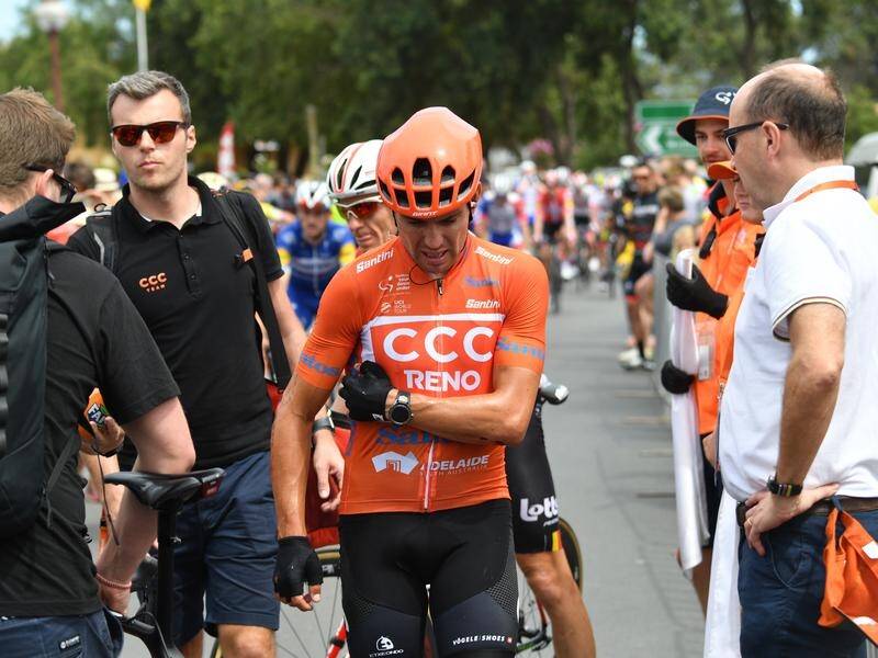 Patrick Bevin walking gingerly post-race after crashing during stage five at the Tour Down Under