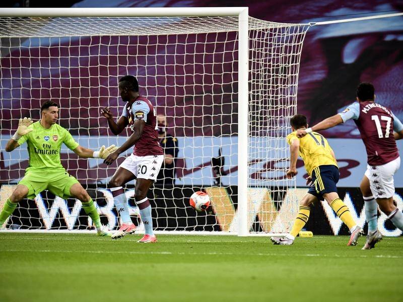 Trezeguet (r) scores the goal that could keep Aston Villa in the English Premier League next season.