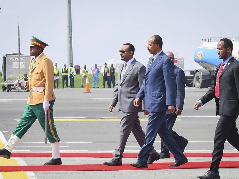 Eritrean President Isaias Afwerki with Ethiopian Prime Minister Abiy Ahmed in Addis Ababa.