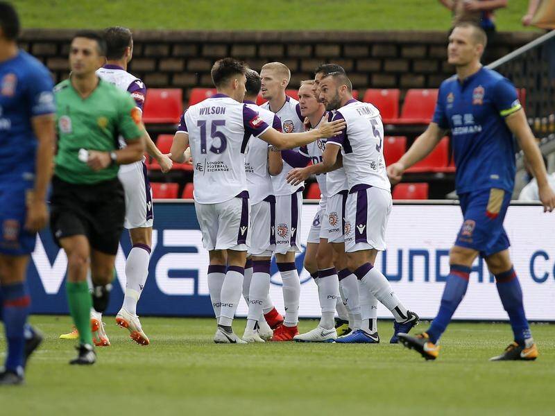 An early Neil Kilkenny penalty has helped Perth to a 2-0 A-League win over the Jets in Newcastle.