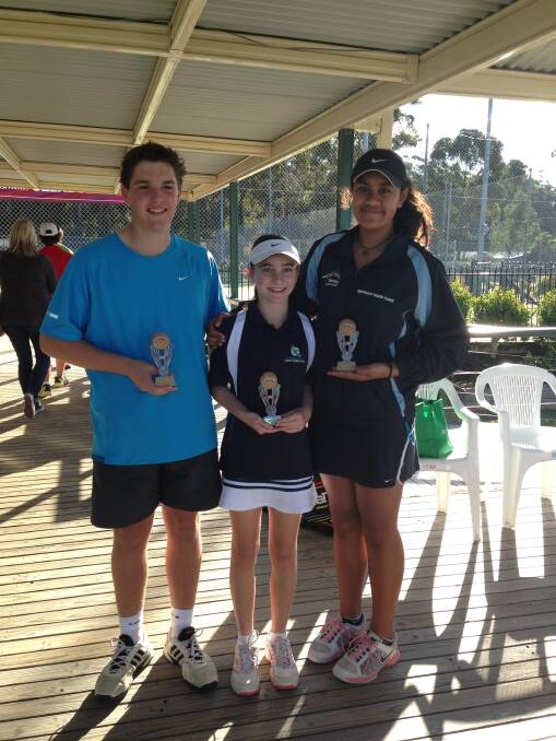 Far South Coast junior tennis stars (from left) Paul Warren, Aria Little and Pelenise Ofati all scooped up age championships at the junior development series tennis event in Ulladulla last weekend. Photos: Supplied.