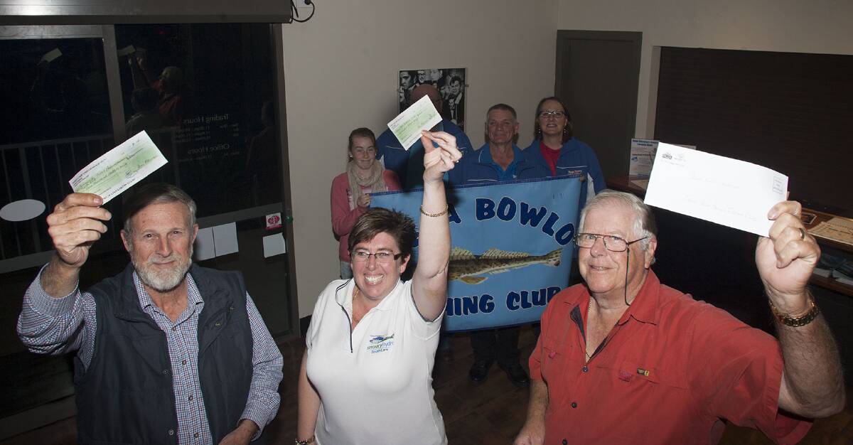 Bega Bowlo Fishing Club cheque recipients are (from left) Charlie Blomfield from Community Care Accommodation South East, Shannon Whitford from Snowy Hydro SouthCare and Ron George from Bega Men's Bowling Club.