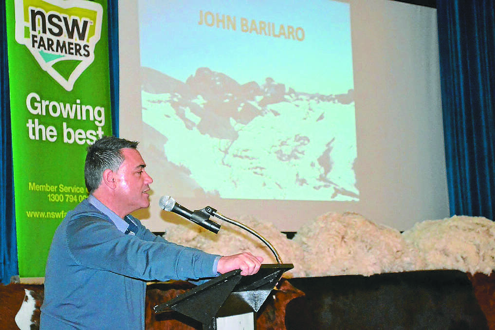 Member for Monaro John Barilaro spoke at the NSW Farmers Wild Dog Cooperative meeting attended by over 150 stakeholders. Photo: Nathan Thompson.