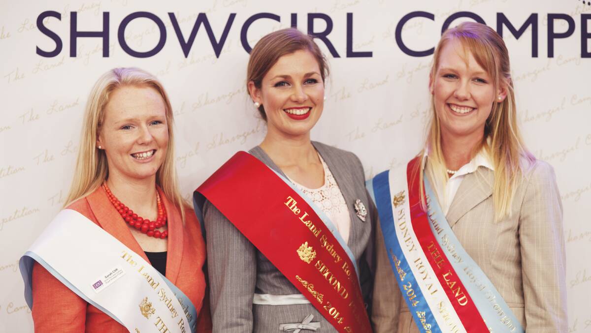 Showgirl placegetters (from left) Sarah Clift (Gunnedah), Sally Newton (Walgett) and Brodie Chester (Bega). Photo: Alexandra Adoncello for Royal Agricultural Society of NSW