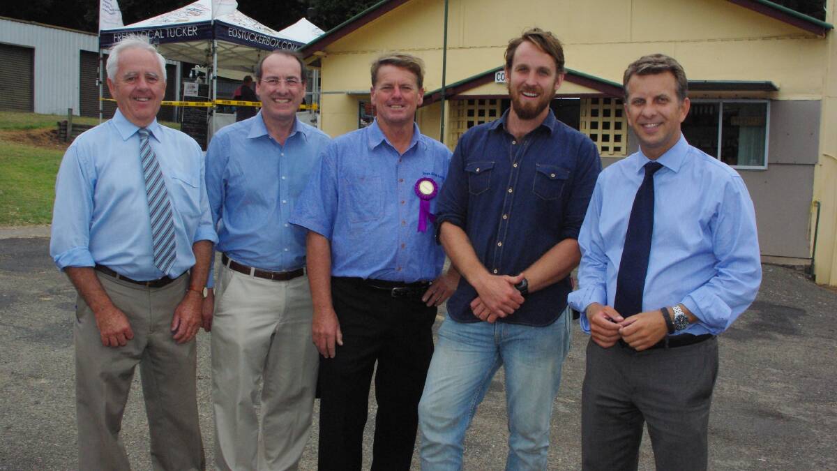 At Friday night’s official opening are (from left) Bega Valley Shire Mayor Bill Taylor, Member for Eden-Monaro Peter Hendy, Bega AP&H Society president Norm Pearce, River Cottage Australia host and special guest Paul West and Member for Bega Andrew Constance.