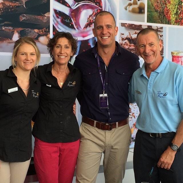 Fast Ed from Better Homes and Gardens (second right) interviews the Tathra Oysters team of (from left) Brooke, Jo and Gary Rodely at the Sydney Royal Easter Show.