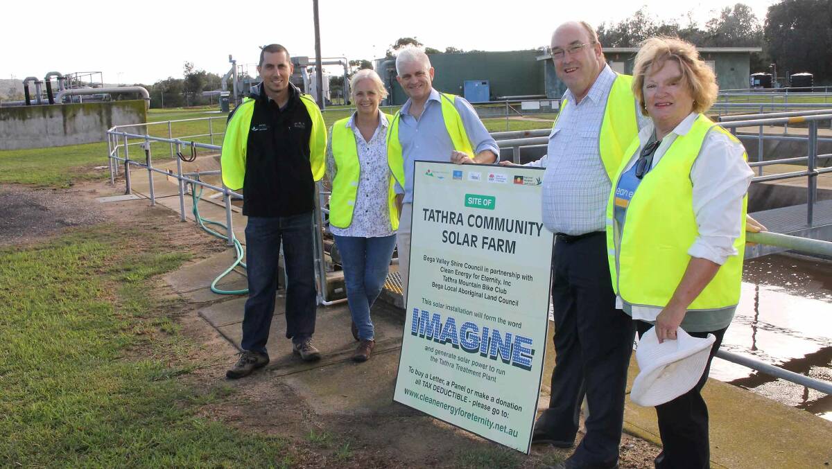 Launching the Tathra community solar farm on Saturday morning are (from left) BVSC environment management officer Daniel Murphy, BVSC general manager Leanne Barnes, Clean Energy for Eternity founder Matthew Nott, Deputy Mayor Russell Fitzpatrick and CEFE project manager Prue Kelly.