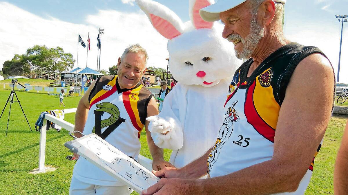 • The Easter Bunny chips in some advice for the All Stars’ game plans at the Buccaneers Masters Aussie rules tournament on Sunday morning. 