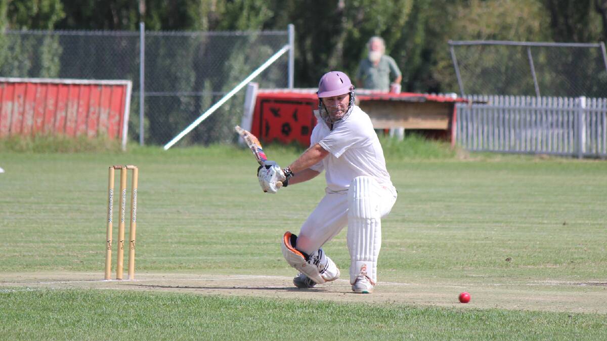 • Dave Allen sweeps the ball during his top scoring effort of 24 in Bega/Angledale’s first innings, but it wasn’t to be with Eden clinching the title by 16 runs. 