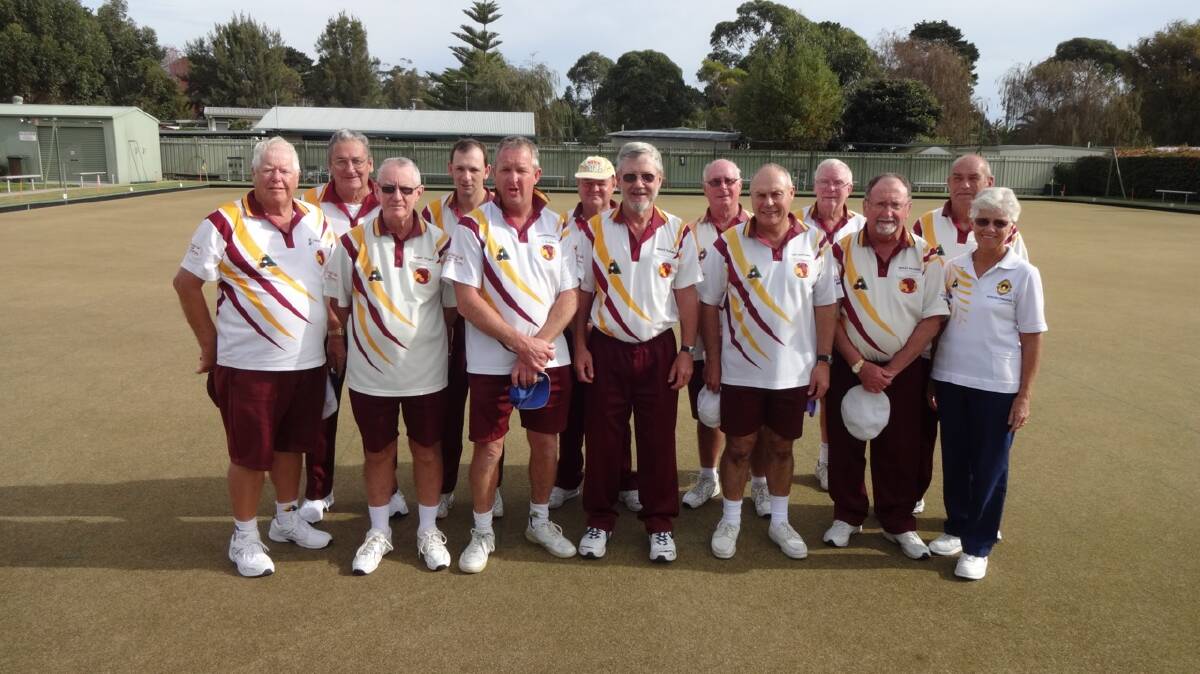 • Bega’s division three pennant team at Malua Bay are (back, from left) Barry Barlow, Adam Taylor, Howard Blacker, Reg George, Richard Cock, Augie Philipzen, (front) Ron George, Tony Sturt, president Andrew Warby, Robert Stahmer, Tony Hanscombe, Brian Moore and team manager  Noeleen Philipzen.