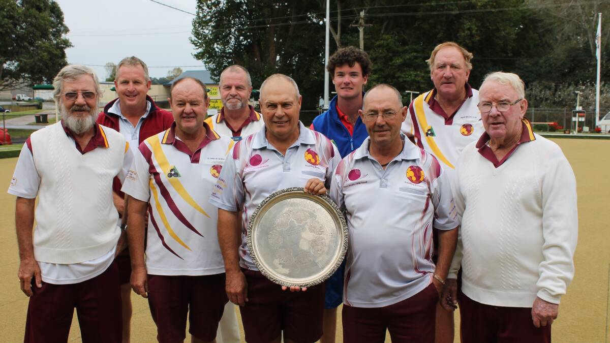 • Previous major single champions of Club Bega gathered for a photo after the Easter Tournament. They are (back), from left Andrew Warby (winner ‘95, 97, 98, 2000, 2001), Bob Grimes (2008), Dylan Cuthbert (2012), Ken Snowden (2005), Robert Stahmer (2014), Howard Blacker (2007, 2010, 2013), Tony Hanscombe (2006), 
Geoffrey Lucas (2011) and Richard Cock (2002, 2009).