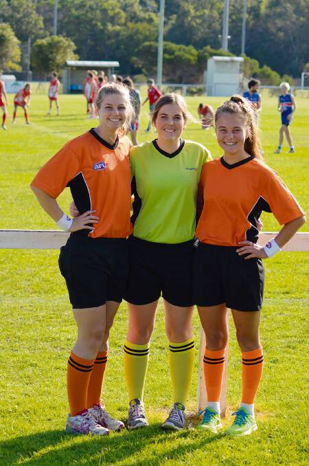 • Umpiring in Eden recently are (from left) Shannon Kirkby, Ally Crowe and Under 16s Combined Schools representative player Dakota Hooper.
