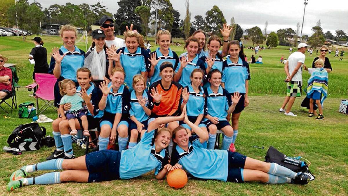 • Far South Coast under 13s rep soccer stars are (back, from left) Kasey Kennedy, Janet King, Shai Bamford, Kiarna Mitchell, Gracie Bamford, Emma Webster, Isabel Bellicanta, (front)  Gypsy Wright, Nariah Whipp, Sian Coombes, Rebecca Gray, Jess Simpson, Lauren Terry and (lying down) Tayla Wilson and Chloe Harlow.