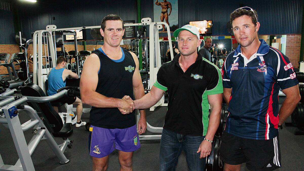 • United Fitness Studio owner Shaun Ruzicka (centre) is welcomed to the Bega Roosters fraternity by first grade coach Grant Jessop (left) and Bega Chicks coach Andrew Badullovich.