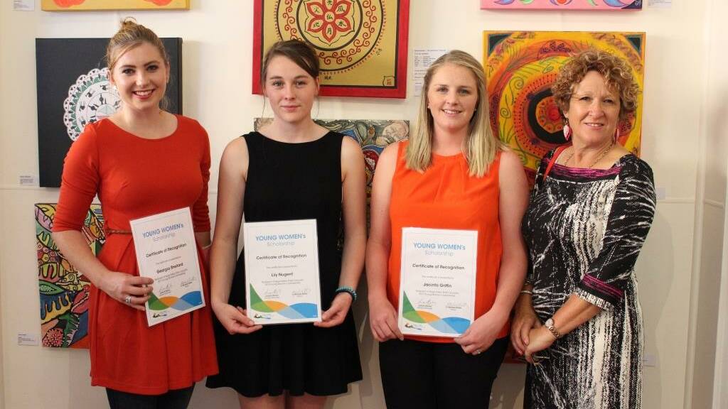 Young Women’s Scholarship recipients, Georgia Shellard, Lily Nugent and Jacinta Griffin with Cr Sharon Tapscott at Bega’s Spiral Gallery. 