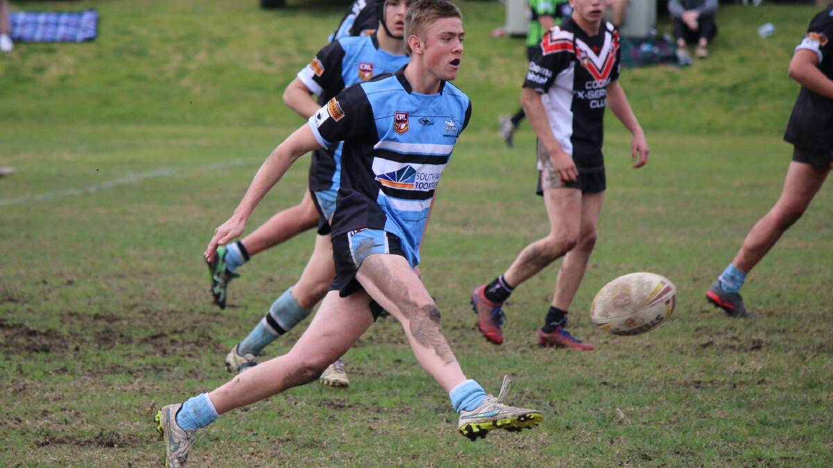 ON THE BOOT: Moruya Sharks under 18s player Niles Brigden kicks in play during the elimination final against Cooma. 
