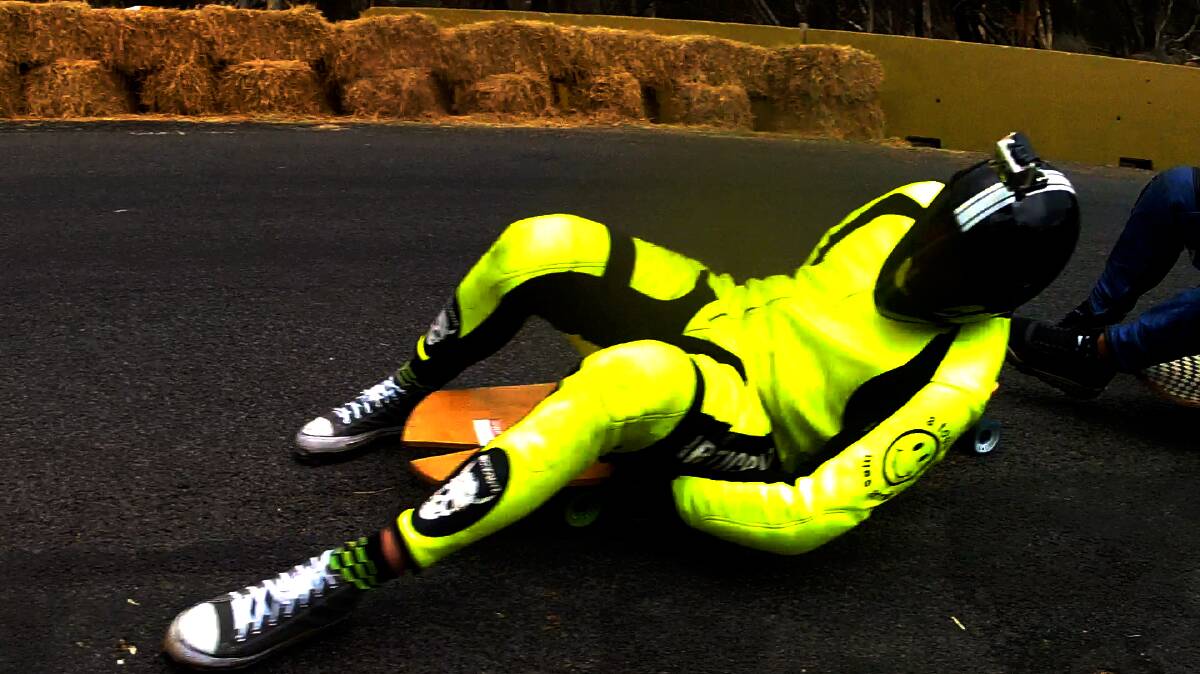 EUROBODALLA: Nic McKirdy whips around a corner in the Cherry Bomb street luge final.
 