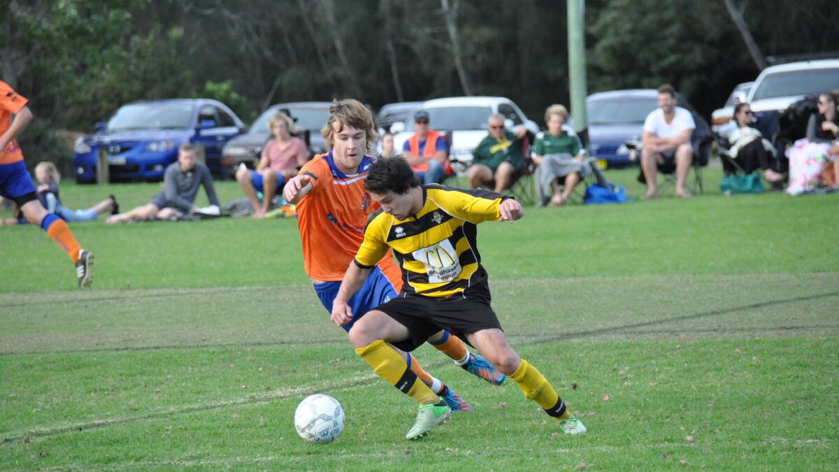 BOMADERRY: Bomaderry’s Michael Hampton whips around a Culburra player in his team’s 2-1 win on Saturday. Photo: PATRICK FAHY 