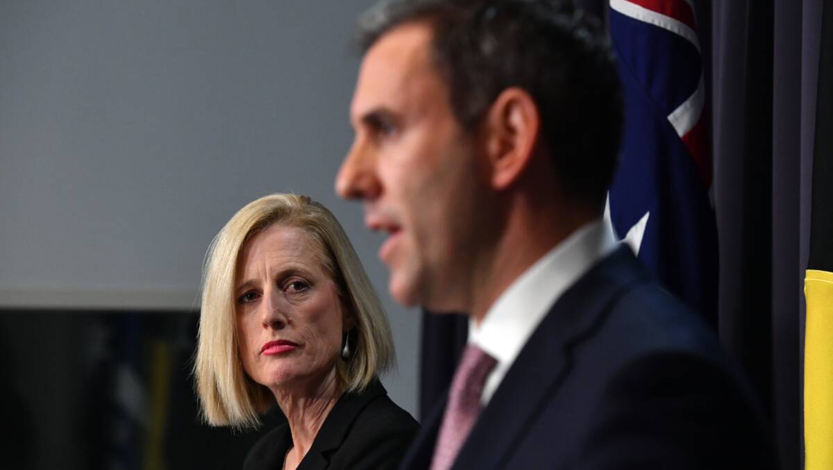 Labor's new Finance Minister Senator Katy Gallagher, left, and Treasurer Jim Chalmers address the media. Picture: AAP