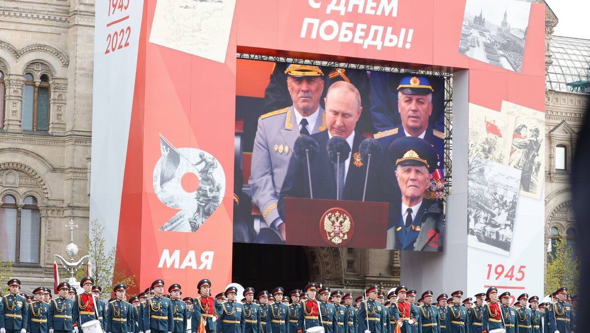 Russian President Vladimir Putin delivers a speech on the 77th anniversary of Victory Day in Red Square in Moscow on May 9. Picture: Getty Images
