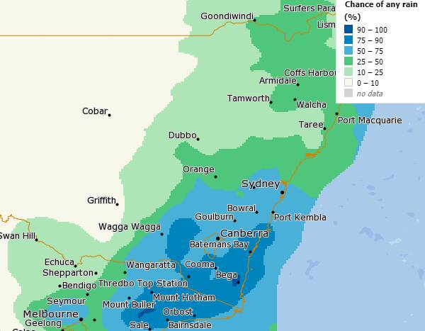 Burea of Meteorology chance of rainfall graph: 75 to 90mm of rain is forecast in the dark blue area south of Shellharbour.