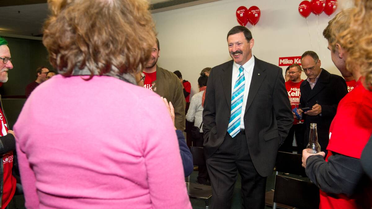 WIN CLAIMED: Labor candidate for Eden-Monaro, Mike Kelly, with his supporters at the Queanbeyan Leagues Club. Picture: Elesa Kurtz