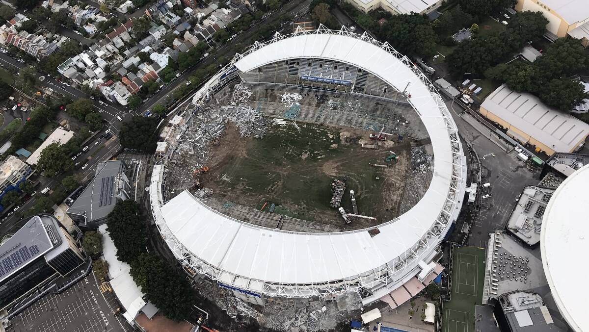 A supplied aerial image of demolition work underway at Allianz Stadium in Sydney, Friday, March 22, 2019. Photo: Blue Sky Helicopters, Mark Fitzsimmons.