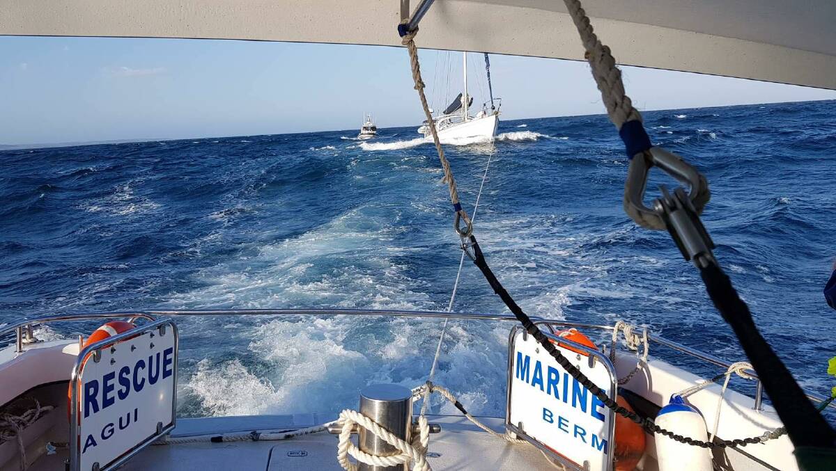 Bermagui Marine Rescue tows a yacht that lost its steerage back to Bermagui Harbour. Photo: Marine Rescue Bermagui.