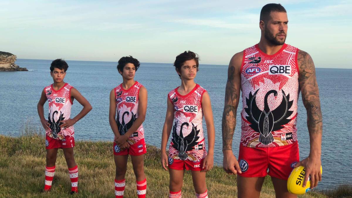 Lance Franklin wears the Sydney Swans' new Indigenous guernsey. Photos: Swans Media.