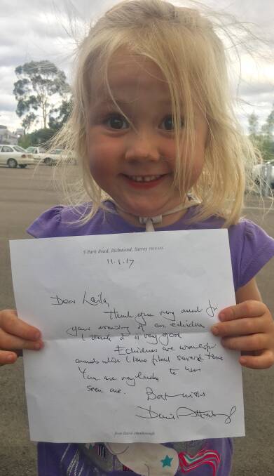 Dream come true: Sapphire Coast local four-year-old Laila Johnson can't contain her excitement at receiving a hand written letter from David Attenborough.