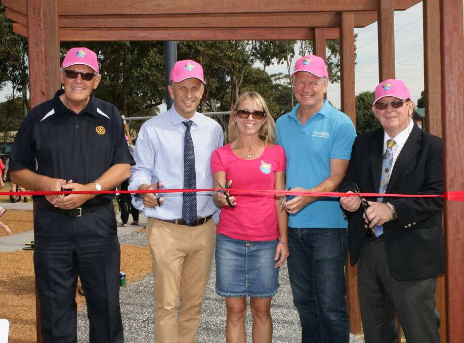 Ribbon cutting: Merimbula Rotary's Bill De Jong, Bega MP Andrew Constance, Touched by Olivia founders Justine and John Perkins and mayor Michael Britten.