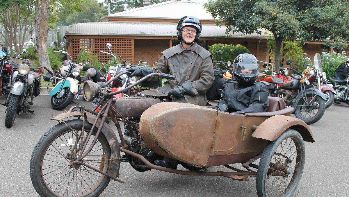 Daryl and Bronwyn Jenkins in the same Indian motorcycle Mr Jenkin’s great-uncle rode in the 1927-28 rally. 