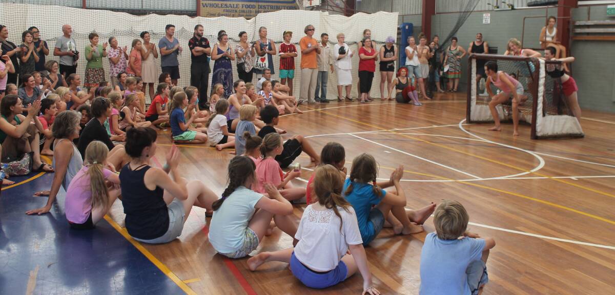 Parents watch performances at Bega Indoor Stadium featuring newly learned skills by students who attended Fling Physical Theatre’s Summer School last week. 