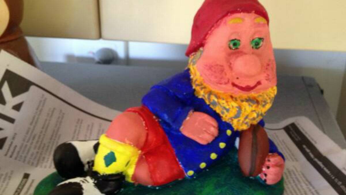 Where to start? A red hat of course. BDN editor Ben Smyth's Bega Show garden gnome, which will be auctioned off along with seven other “celebrities’” creations.