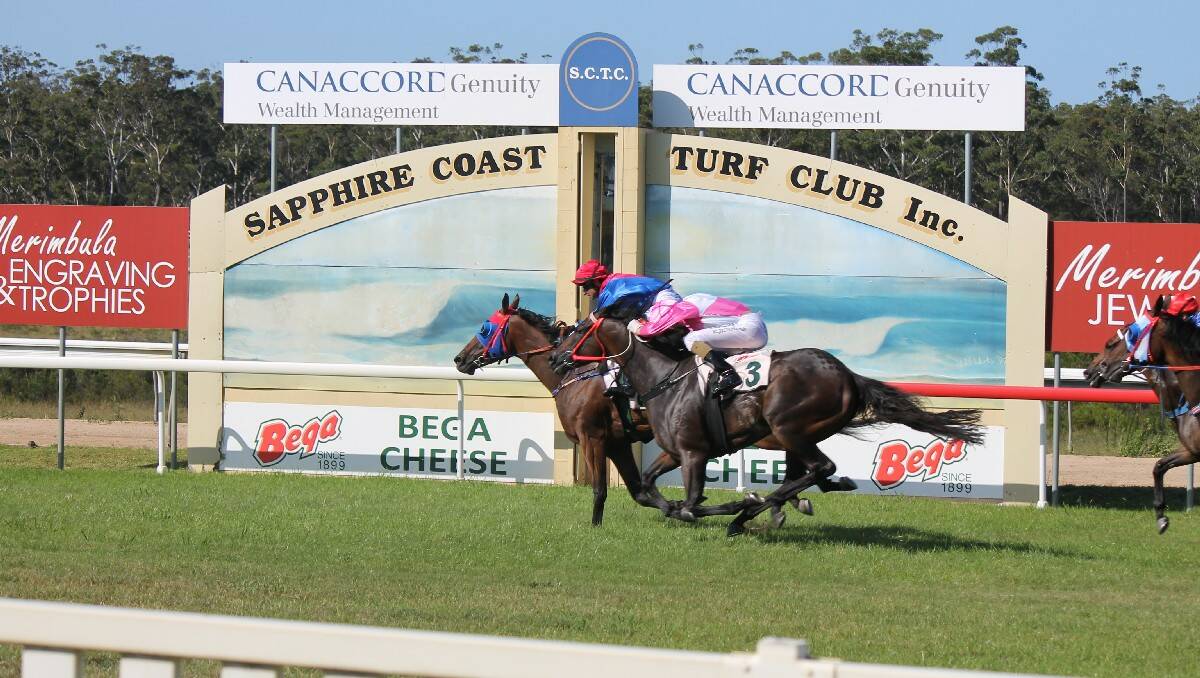 Jockey Jason Devrimol steers Laurie's Love to victory from runner-up Al Ahmar in the $35,000 Bega Cheese Bega Cup feature race on Sunday at the Sapphire Coast Turf Club.