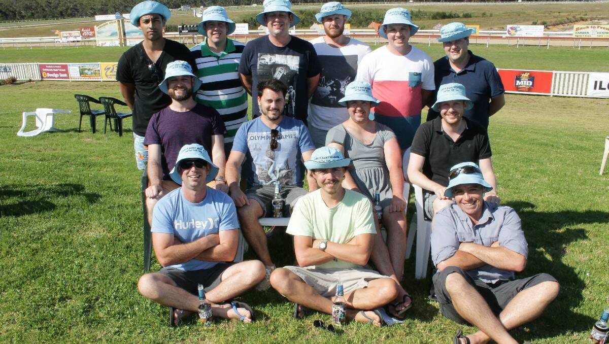 Having a great weekend at the Sapphire Coast Turf Club are the "Lawsy's Bucks" crew of (back, from left)  Mukesh Raja, Chris Dutton, Ben Pollock, Corn Shoney, Aaron Bygrave, Joe Donoghue, (middle) Lloyd Green, Michael Whyoamackley, groom-to-be Carl Mackey-Laws, Jason Tozer, (front) Dan Pollock, Jarrah Forbes-Droxler and Adam O'Rourke.