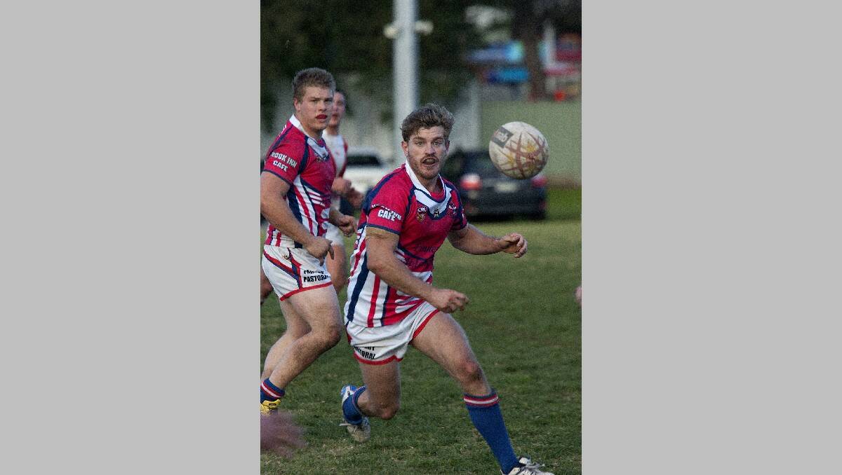 Bega pivot Lachie Sund shoots out a pass on Sunday. Sund was instrumental in the Roosters 36-4 victory over Eden.