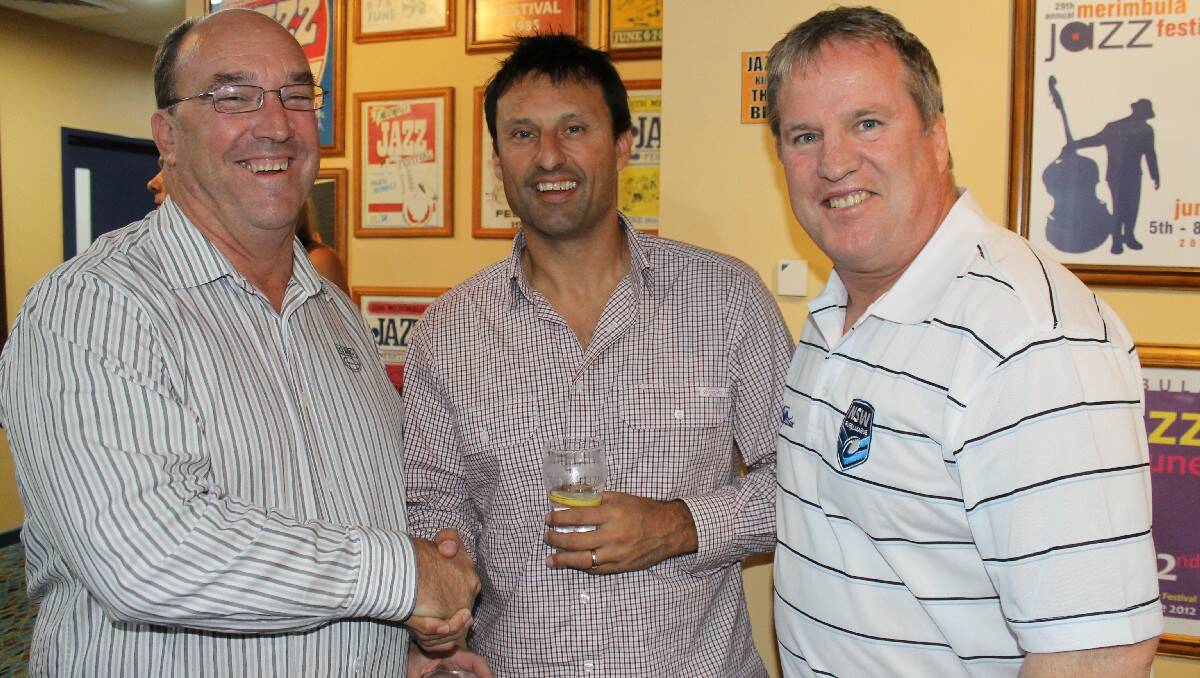 Group 16 president Russell Fitzpatrick (left), NSW State of Origin coach and Australian great Laurie Daley, and former Canterbury Bankstown star and host Paul Langmack (right) at the NSW Origin True Blue dinner held at the Merimbula RSL Club.