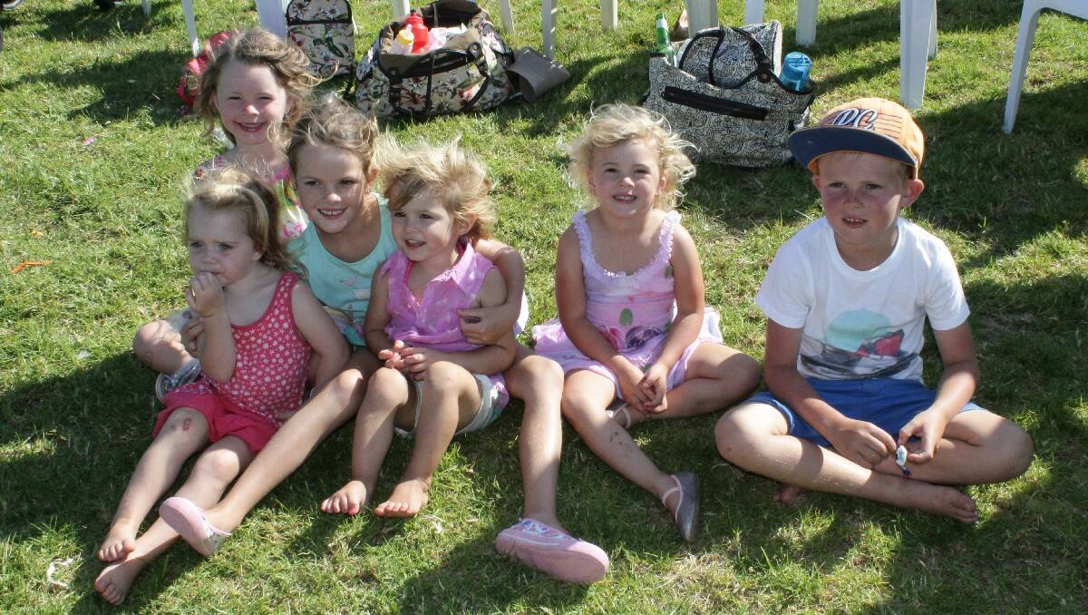 Enjoying the Bega Cup action are (from left) Zali Duncan, 7, Sienna Jessop, 2, Emerson Armstrong, 8, Arly Schrader, 2, Aliena Duncan, 4, and Braedy Armstrong, 6.