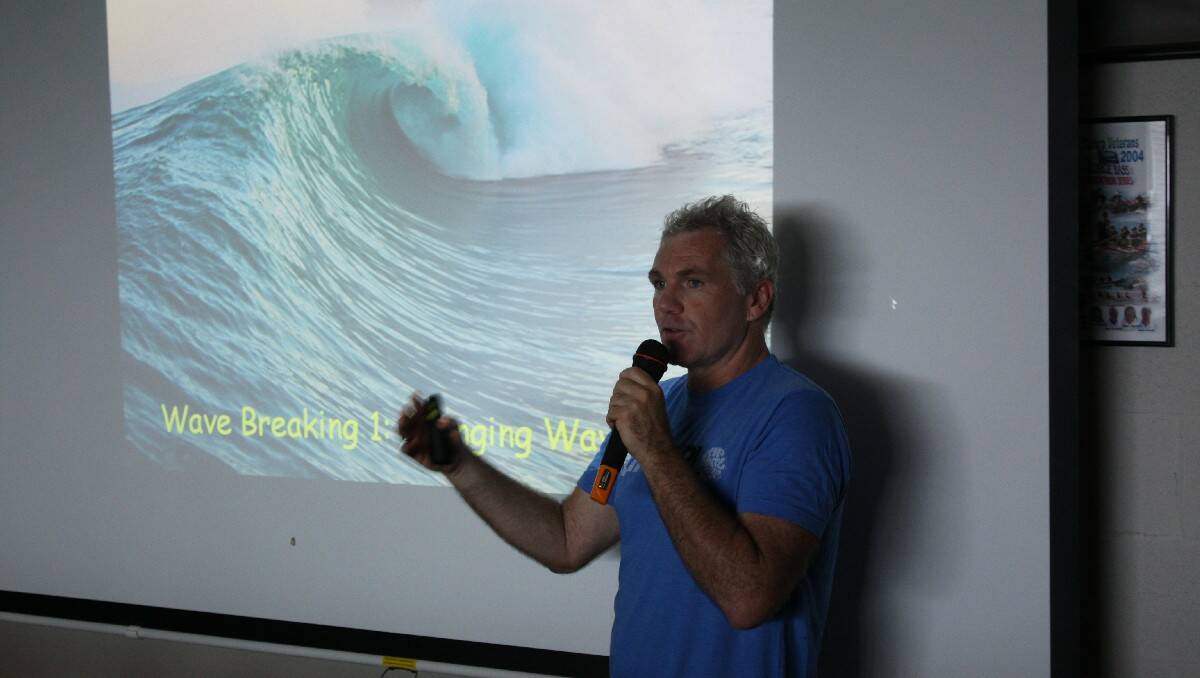 Dr Rob Brander – also known as “Dr Rip” – presents a talk on rip currents and beach safety to a packed house at the Tathra Surf Life Saving Club on Sunday.   