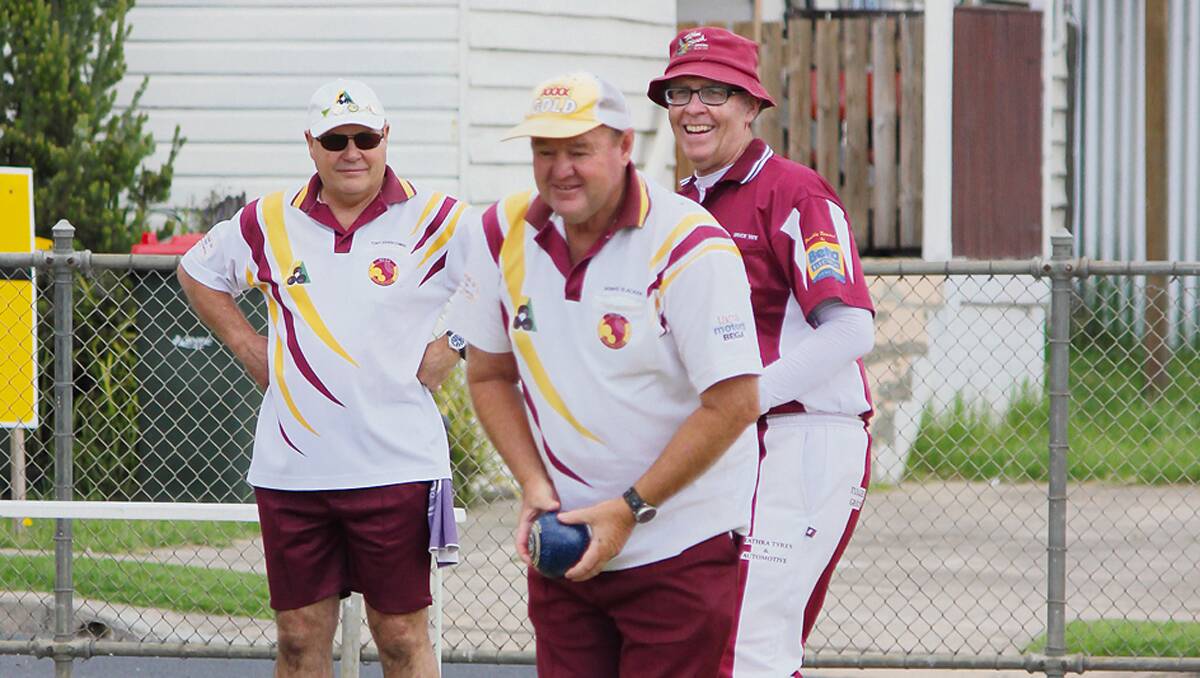 • Bega bowler Howard Blacker lines up for a bowl while Tony Hanscombe and Bruce Tate share a joke during a recent tournament. The club has picked up new members after a successful open day on Saturday.