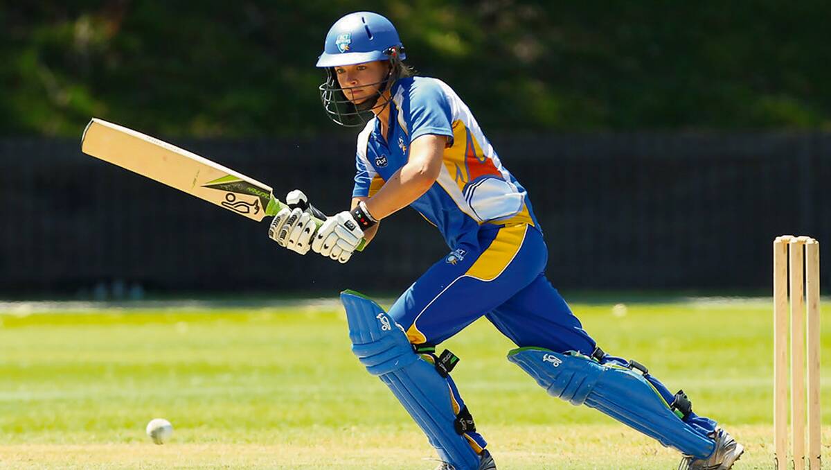 •  ACT Meteors star Aimee Harris smacks the ball during a Women’s National Cricket League game against the NSW Breakers. Photo: Getty Images.