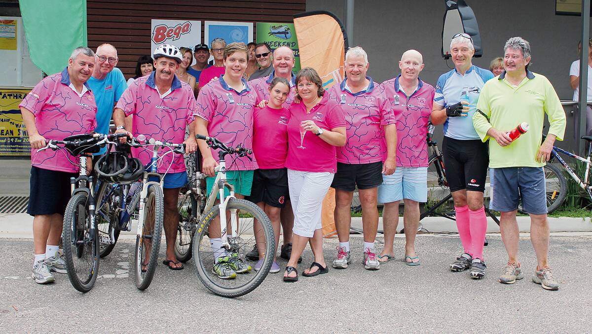 • Paying tribute to David Dodd by proudly donning their pink jerseys for the Wharf to Waves are (back, from left) David Jarjoura, Ian Murray, Mike Crowley, Harry Dodd, Ron McCartney, Rex Kermode, John McKee, Rob White, “Changa” Langford, (front) Mackenzie and Linda Dodd. 
